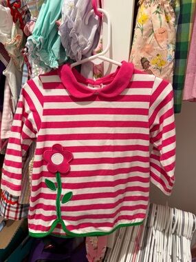 Florence Eiseman Pink & White Striped Long-Sleeve Top with Flower Appliqué